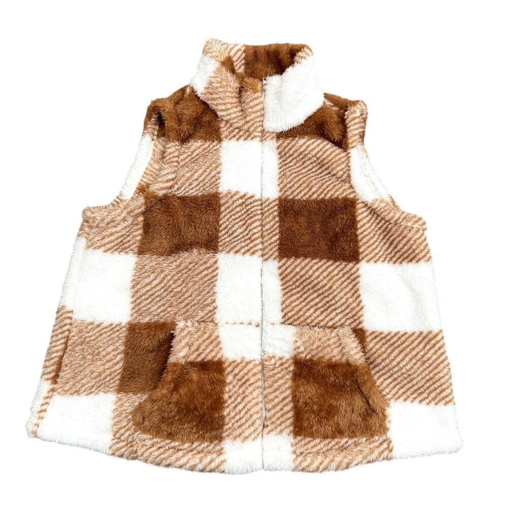 Women's Fuzzy Plaid Zip Up Vest in White/Brown, Size L​​